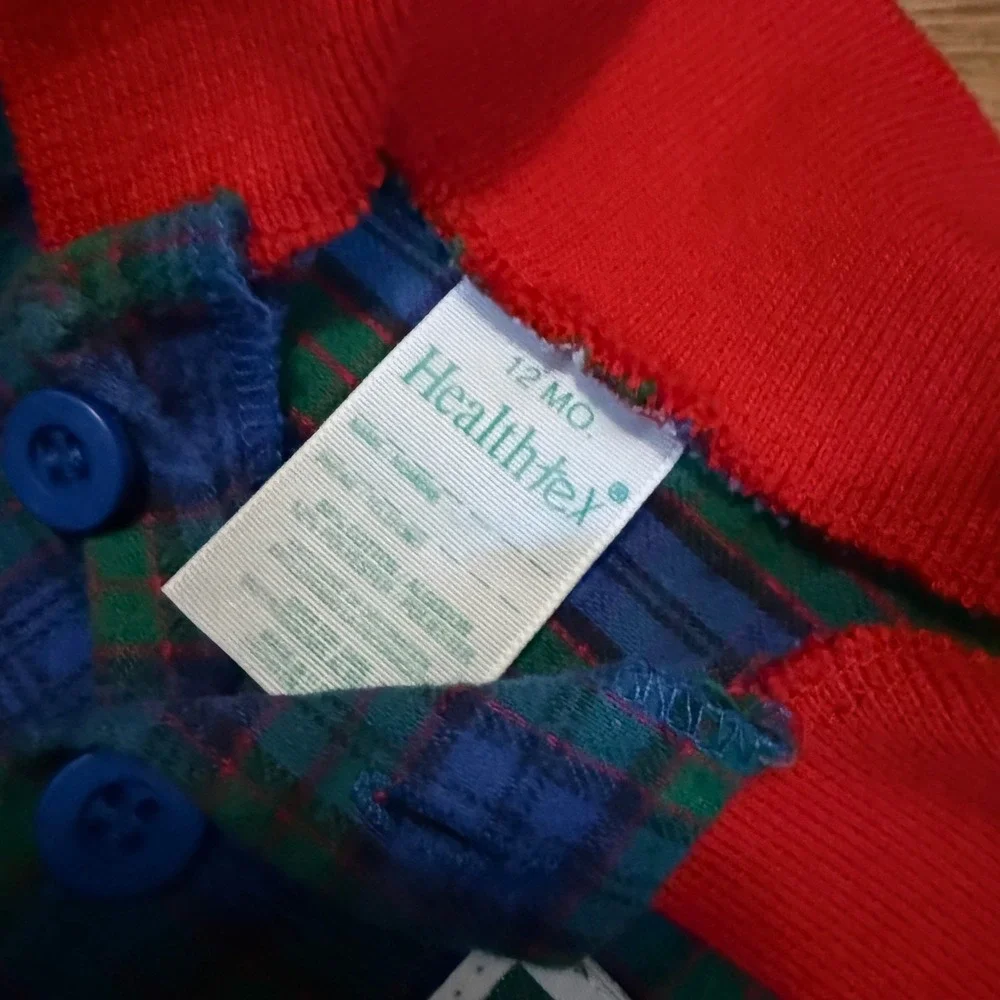 Vintage Healthtex Baby Boy Ranger Plaid Romper Blue Green Red 12 Months
